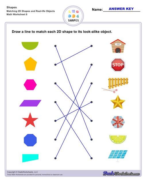 This page has dozens of printable shapes worksheets for identifying and naming 2D and 3D shapes. Activities for kindergarten and preschool age students include identifying counts of faces, edges and vertices. Students also learn to identify the shapes of real world objects, and practice worksheets include shape spelling and shape crossword puzzles.  Shapes Matching 2d Shapes And Real Life Objects V4