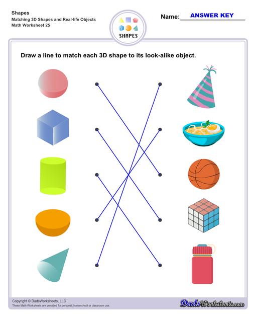 This page has dozens of printable shapes worksheets for identifying and naming 2D and 3D shapes. Activities for kindergarten and preschool age students include identifying counts of faces, edges and vertices. Students also learn to identify the shapes of real world objects, and practice worksheets include shape spelling and shape crossword puzzles.  Shapes Matching 3d Shapes And Real Life Objects V1