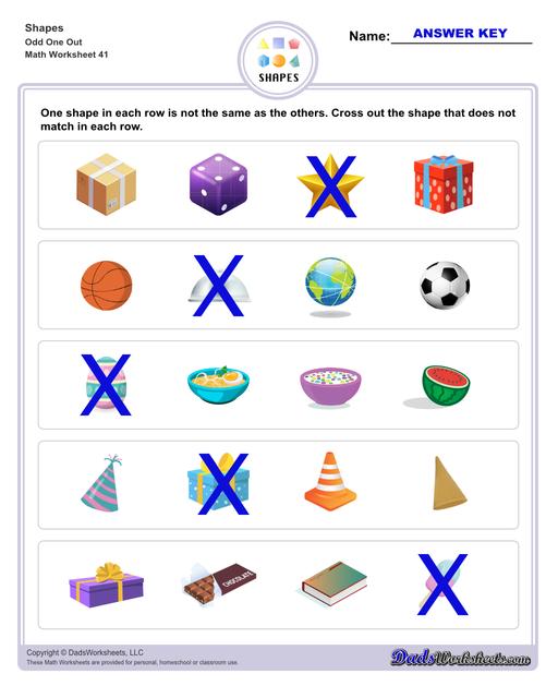 This page has dozens of printable shapes worksheets for identifying and naming 2D and 3D shapes. Activities for kindergarten and preschool age students include identifying counts of faces, edges and vertices. Students also learn to identify the shapes of real world objects, and practice worksheets include shape spelling and shape crossword puzzles.  Shapes Odd One Out V1