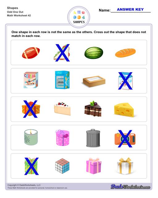 This page has dozens of printable shapes worksheets for identifying and naming 2D and 3D shapes. Activities for kindergarten and preschool age students include identifying counts of faces, edges and vertices. Students also learn to identify the shapes of real world objects, and practice worksheets include shape spelling and shape crossword puzzles.  Shapes Odd One Out V2