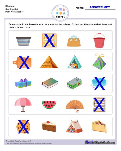 This page has dozens of printable shapes worksheets for identifying and naming 2D and 3D shapes. Activities for kindergarten and preschool age students include identifying counts of faces, edges and vertices. Students also learn to identify the shapes of real world objects, and practice worksheets include shape spelling and shape crossword puzzles.  Shapes Odd One Out V3
