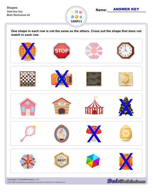 This page has dozens of printable shapes worksheets for identifying and naming 2D and 3D shapes. Activities for kindergarten and preschool age students include identifying counts of faces, edges and vertices. Students also learn to identify the shapes of real world objects, and practice worksheets include shape spelling and shape crossword puzzles.  Shapes Odd One Out V4