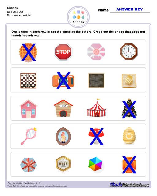 This page has dozens of printable shapes worksheets for identifying and naming 2D and 3D shapes. Activities for kindergarten and preschool age students include identifying counts of faces, edges and vertices. Students also learn to identify the shapes of real world objects, and practice worksheets include shape spelling and shape crossword puzzles.  Shapes Odd One Out V4