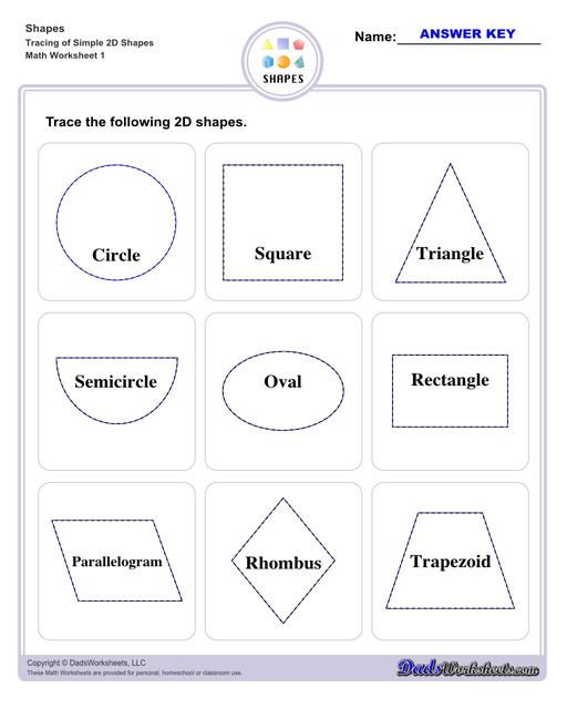 This page has dozens of printable shapes worksheets for identifying and naming 2D and 3D shapes. Activities for kindergarten and preschool age students include identifying counts of faces, edges and vertices. Students also learn to identify the shapes of real world objects, and practice worksheets include shape spelling and shape crossword puzzles.  Shapes Tracing Basic 2d Shapes V1