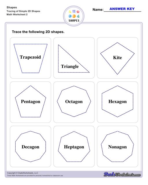This page has dozens of printable shapes worksheets for identifying and naming 2D and 3D shapes. Activities for kindergarten and preschool age students include identifying counts of faces, edges and vertices. Students also learn to identify the shapes of real world objects, and practice worksheets include shape spelling and shape crossword puzzles.  Shapes Tracing Basic 2d Shapes V2