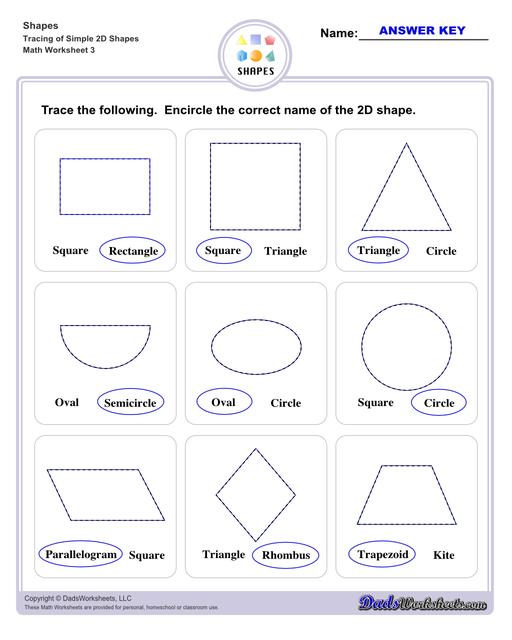 This page has dozens of printable shapes worksheets for identifying and naming 2D and 3D shapes. Activities for kindergarten and preschool age students include identifying counts of faces, edges and vertices. Students also learn to identify the shapes of real world objects, and practice worksheets include shape spelling and shape crossword puzzles.  Shapes Tracing Basic 2d Shapes V3
