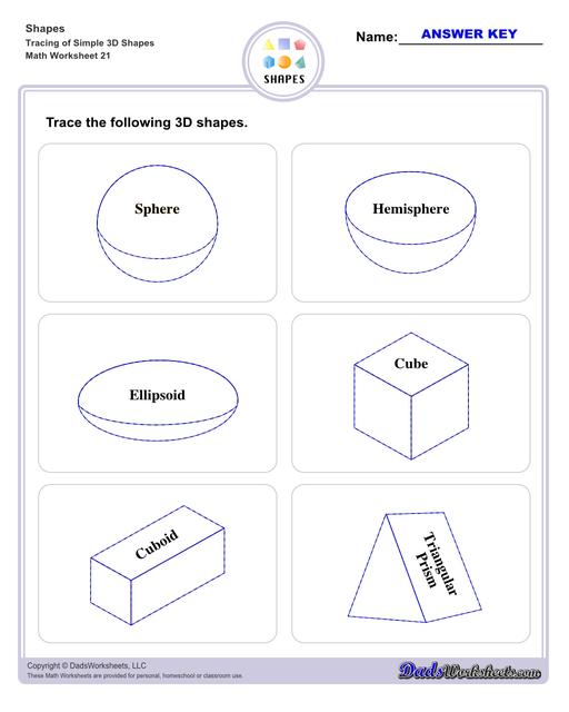 This page has dozens of printable shapes worksheets for identifying and naming 2D and 3D shapes. Activities for kindergarten and preschool age students include identifying counts of faces, edges and vertices. Students also learn to identify the shapes of real world objects, and practice worksheets include shape spelling and shape crossword puzzles.  Shapes Tracing Basic 3d Shapes V1
