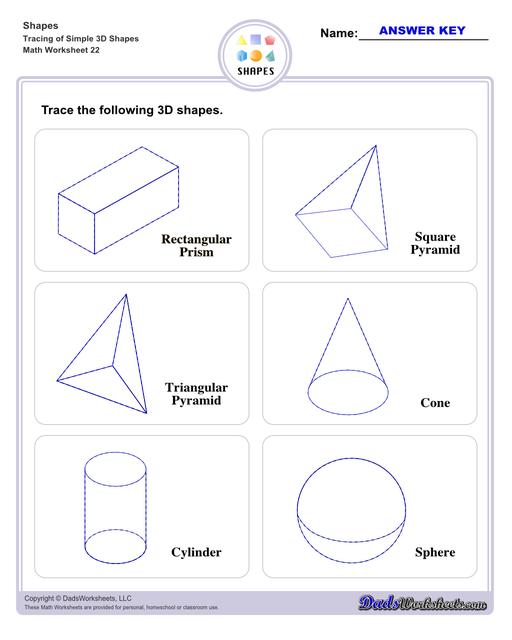 This page has dozens of printable shapes worksheets for identifying and naming 2D and 3D shapes. Activities for kindergarten and preschool age students include identifying counts of faces, edges and vertices. Students also learn to identify the shapes of real world objects, and practice worksheets include shape spelling and shape crossword puzzles.  Shapes Tracing Basic 3d Shapes V2