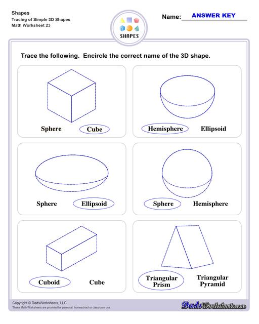 This page has dozens of printable shapes worksheets for identifying and naming 2D and 3D shapes. Activities for kindergarten and preschool age students include identifying counts of faces, edges and vertices. Students also learn to identify the shapes of real world objects, and practice worksheets include shape spelling and shape crossword puzzles.  Shapes Tracing Basic 3d Shapes V3