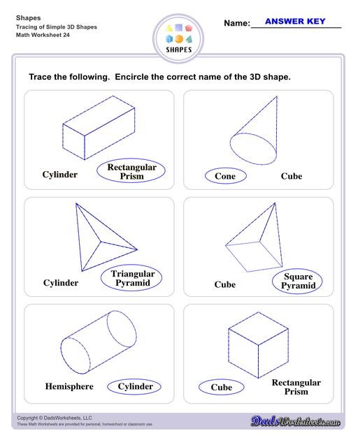 This page has dozens of printable shapes worksheets for identifying and naming 2D and 3D shapes. Activities for kindergarten and preschool age students include identifying counts of faces, edges and vertices. Students also learn to identify the shapes of real world objects, and practice worksheets include shape spelling and shape crossword puzzles.  Shapes Tracing Basic 3d Shapes V4