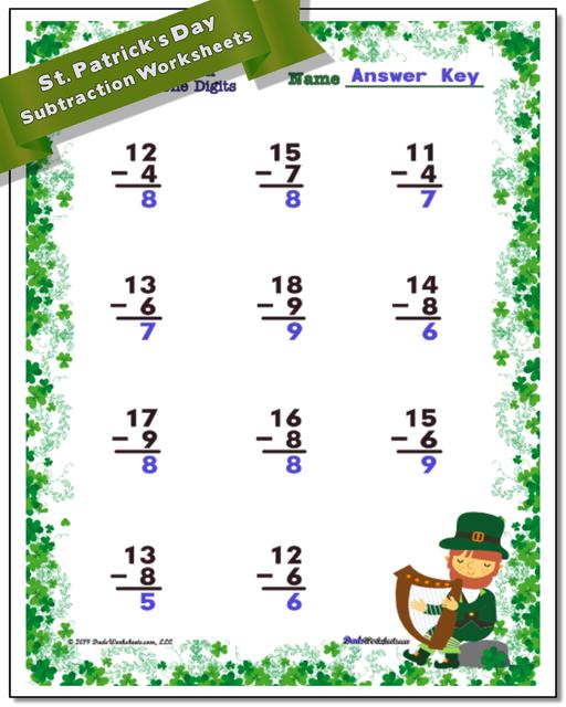 Math Worksheets St Patrick s Day St Patrick s Day Subtraction 