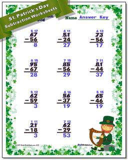 St. Patrick's Day Subtraction Worksheet