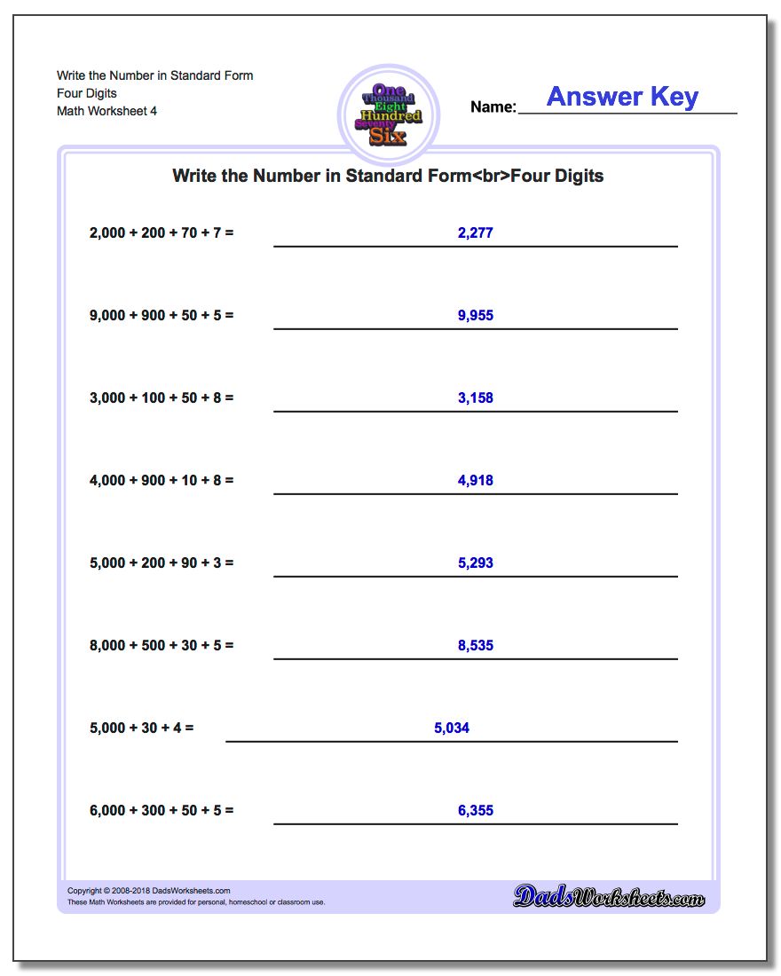 Write the Number in Standard Form Worksheet Four Digits