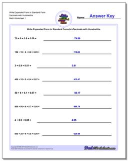 Standard, Expanded and Word Form Worksheet Write in Decimals with Hundredths