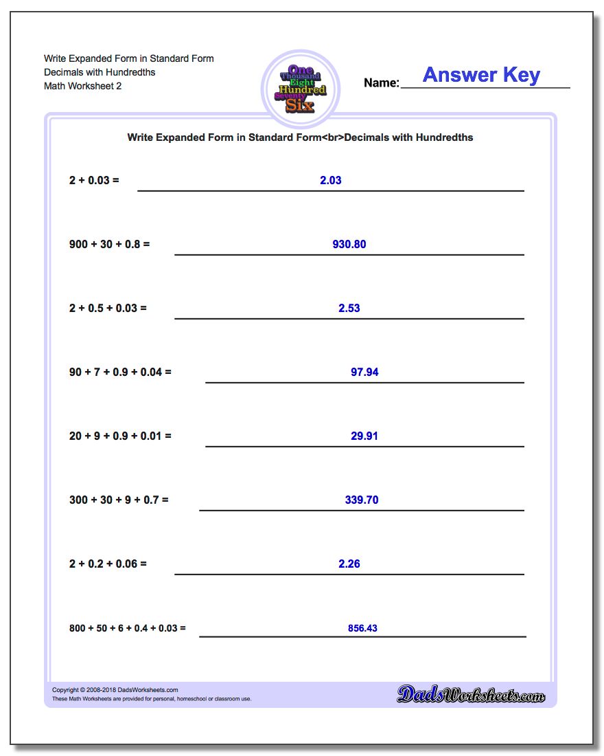 Write Expanded Form Worksheet in Standard Form Decimals with Hundredths www.dadsworksheets.com/worksheets/standard-expanded-and-word-form.html