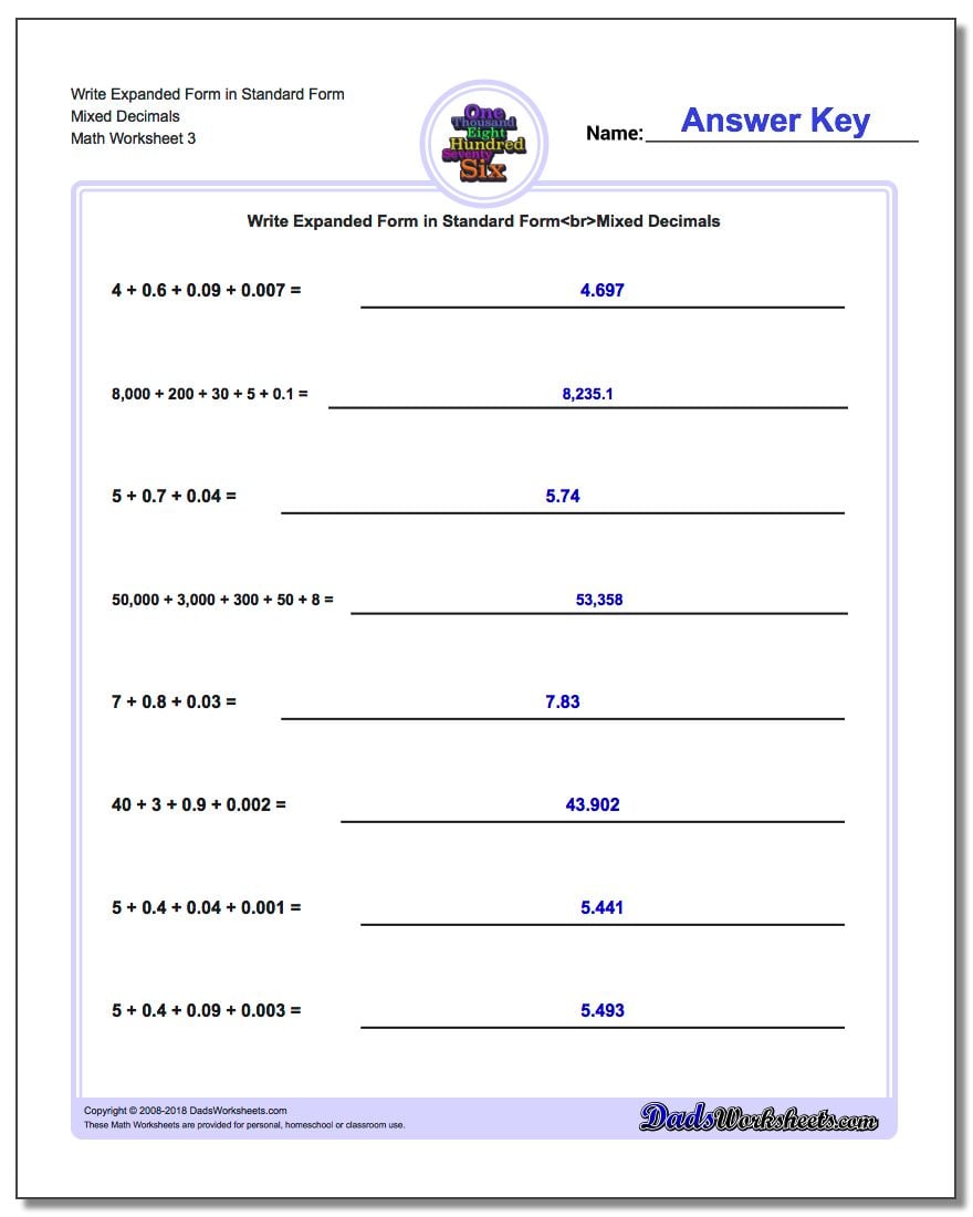 Write Expanded Form Worksheet in Standard Form Mixed Decimals