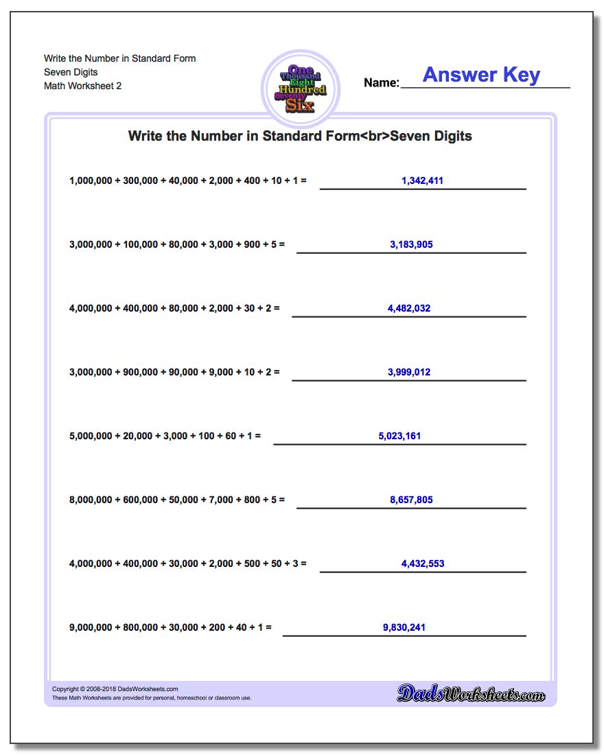 Write the Number in Standard Form Worksheet Seven Digits www.dadsworksheets.com/worksheets/standard-expanded-and-word-form.html