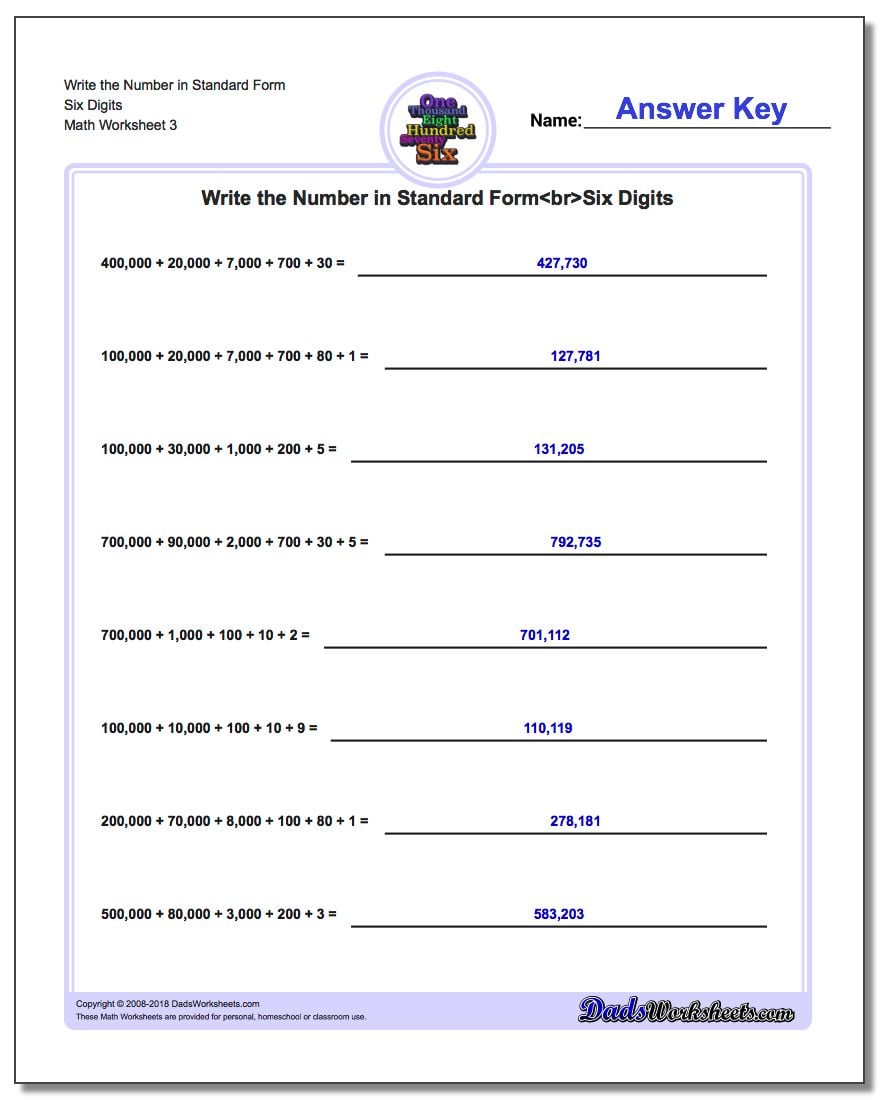 Write the Number in Standard Form Worksheet Six Digits