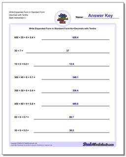 Write Expanded Form Worksheet in Standard Form Decimals with Tenths