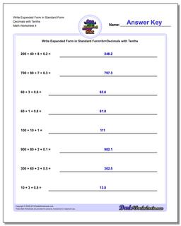 Write Expanded Form Worksheet in Standard Form Decimals with Tenths