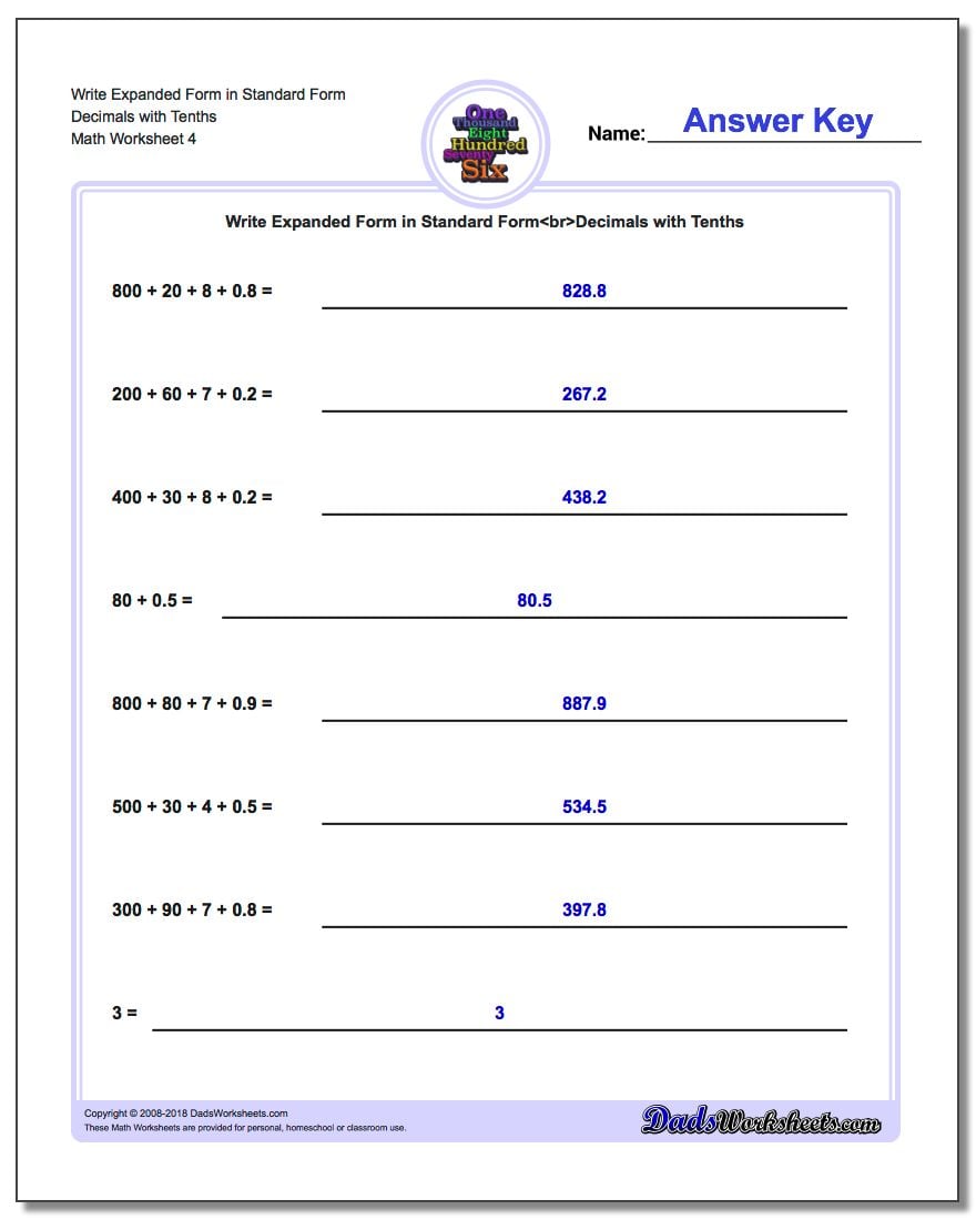 Write Expanded Form Worksheet in Standard Form Decimals with Tenths