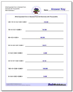 Standard, Expanded and Word Form Worksheet Write in Decimals with Thousandths