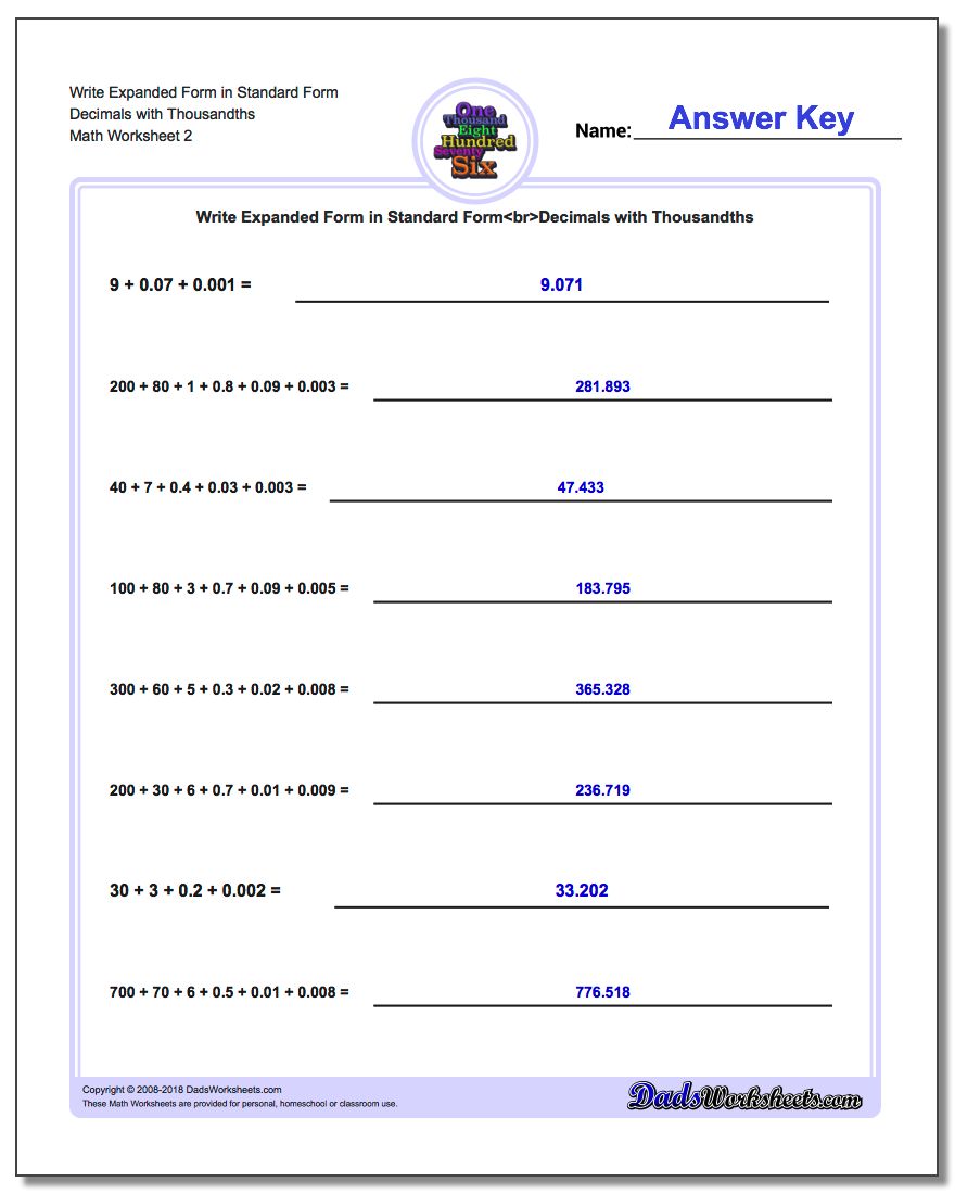 Write Expanded Form Worksheet in Standard Form Decimals with Thousandths www.dadsworksheets.com/worksheets/standard-expanded-and-word-form.html