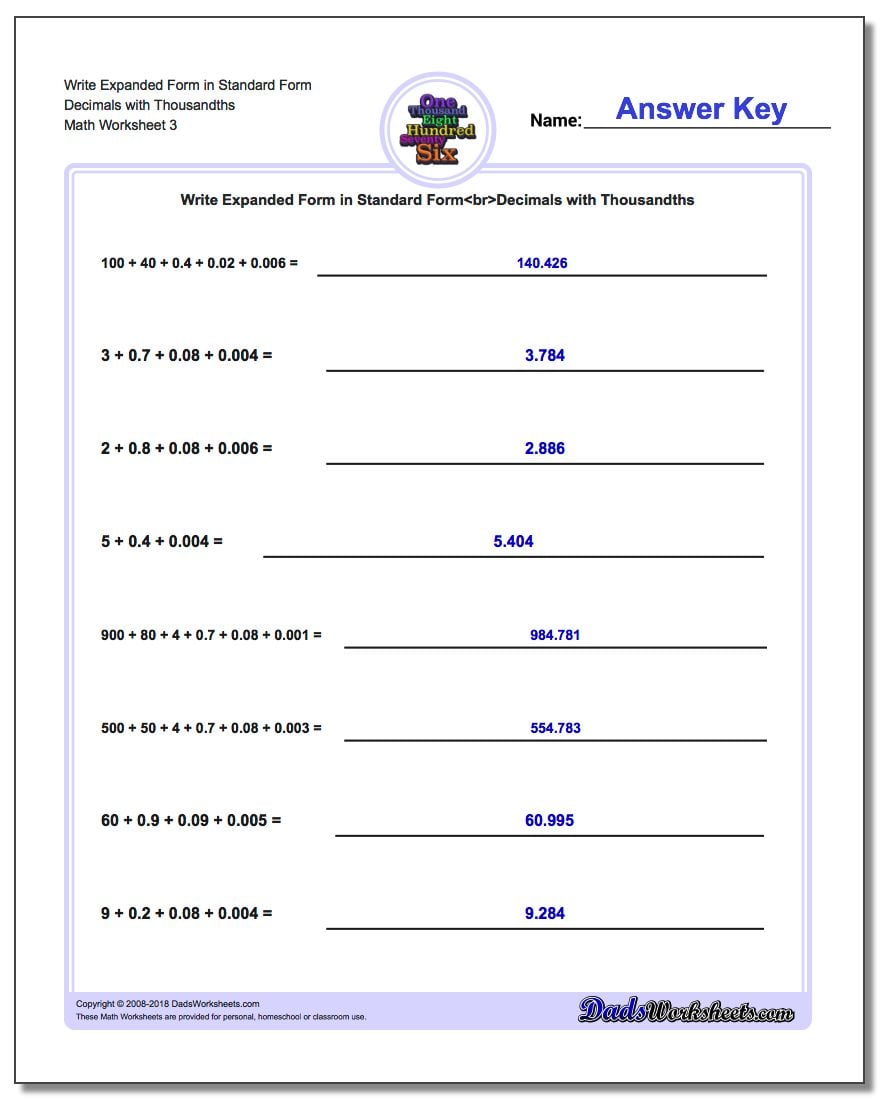 Write Expanded Form Worksheet in Standard Form Decimals with Thousandths