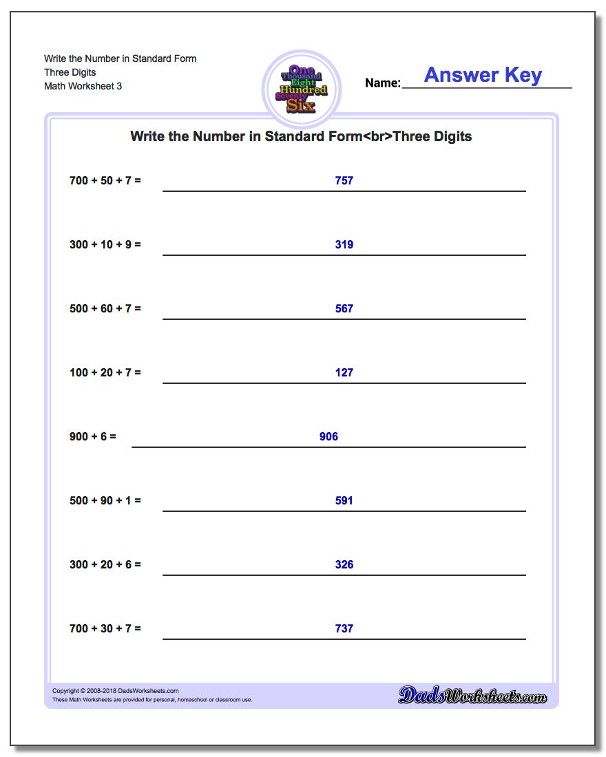 Write the Number in Standard Form Worksheet Three Digits