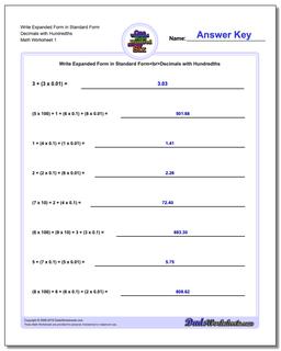 Standard, Expanded and Word Form Worksheet Write in Decimals with Hundredths