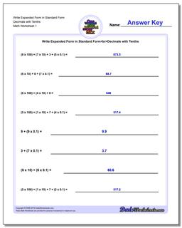 Standard, Expanded and Word Form Worksheet Write in Decimals with Tenths