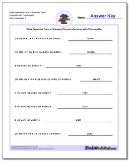 Standard, Expanded and Word Form Worksheet Write in Decimals with Thousandths