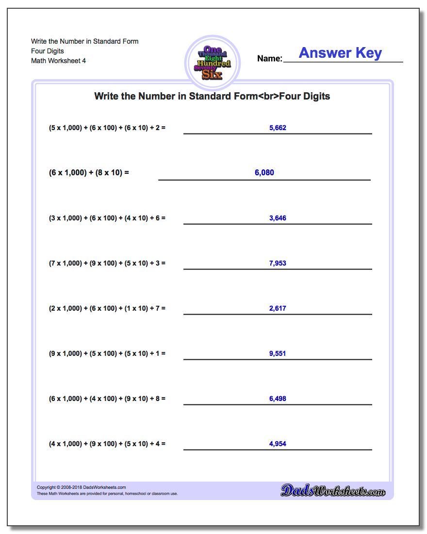 Write the Number in Standard Form Worksheet Four Digits