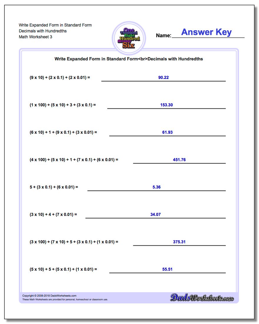 Write Expanded Form Worksheet in Standard Form Decimals with Hundredths