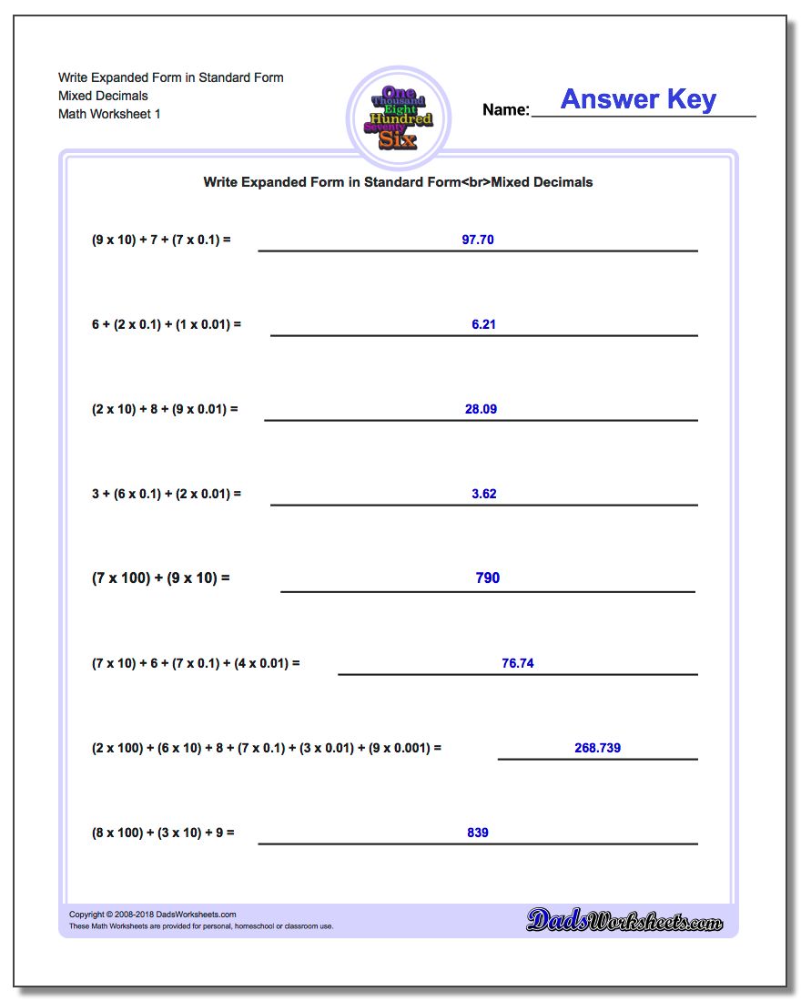 Standard, Expanded and Word Form Worksheet Write in Mixed Decimals