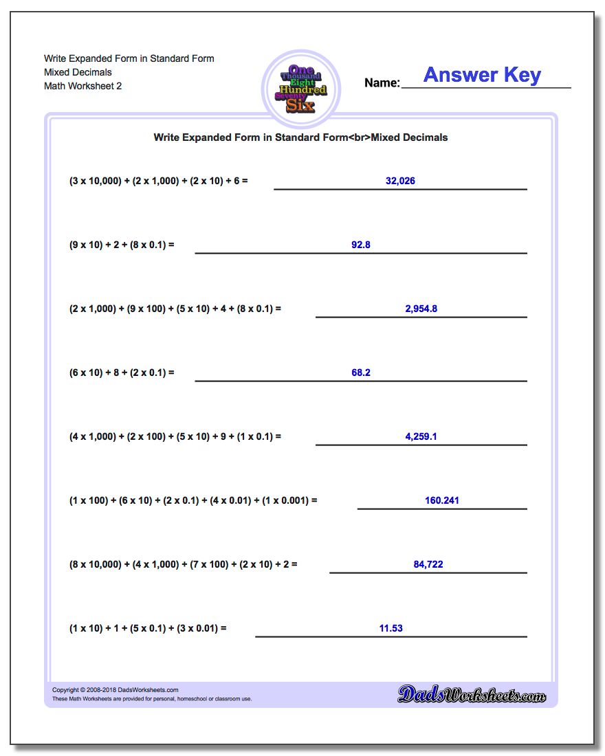 Write Expanded Form Worksheet in Standard Form Mixed Decimals www.dadsworksheets.com/worksheets/standard-expanded-and-word-form.html