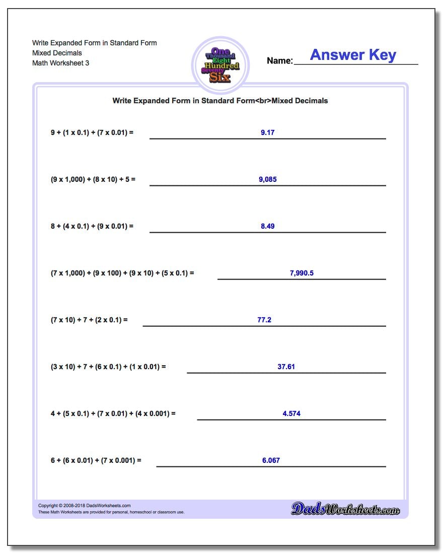 Write Expanded Form Worksheet in Standard Form Mixed Decimals
