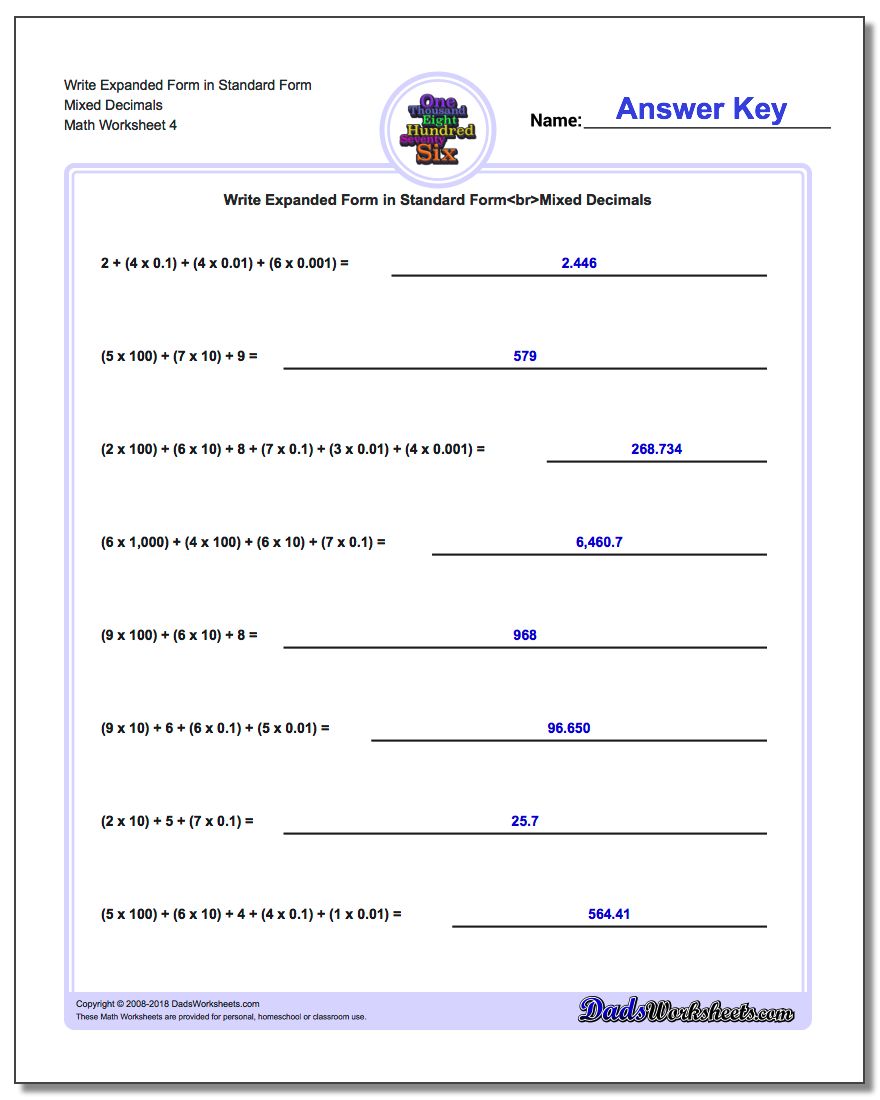 Write Expanded Form Worksheet in Standard Form Mixed Decimals