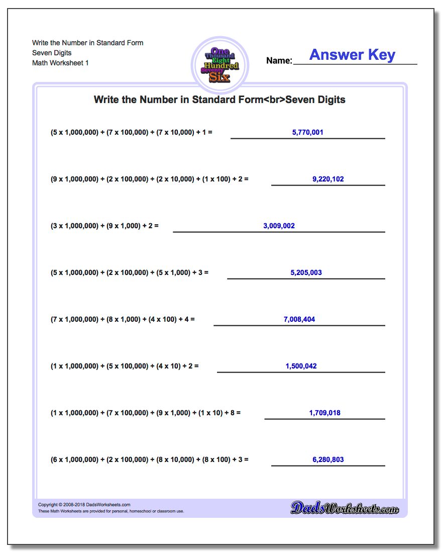 Standard, Expanded and Word Form Worksheet Write the Number in Seven Digits