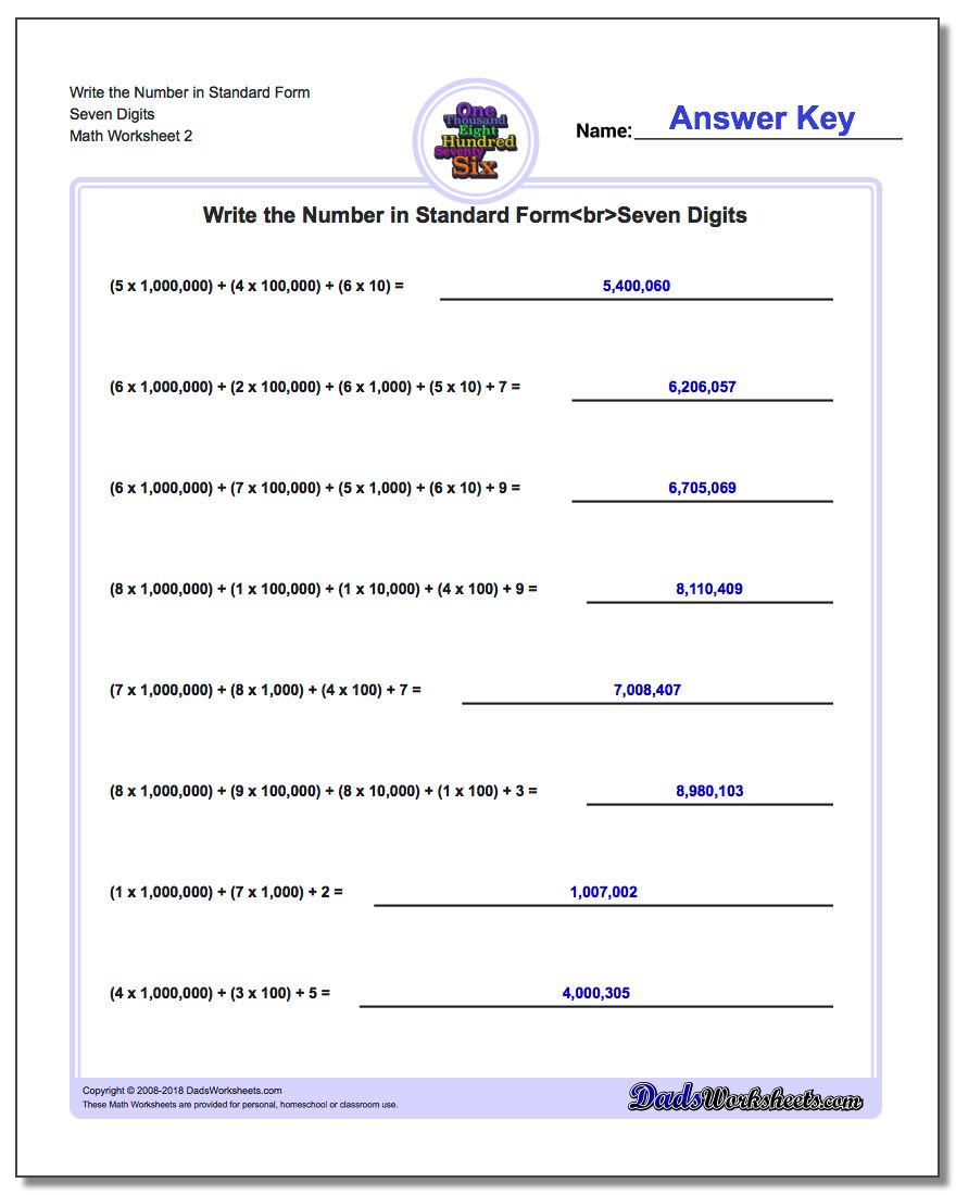 Write the Number in Standard Form Worksheet Seven Digits www.dadsworksheets.com/worksheets/standard-expanded-and-word-form.html