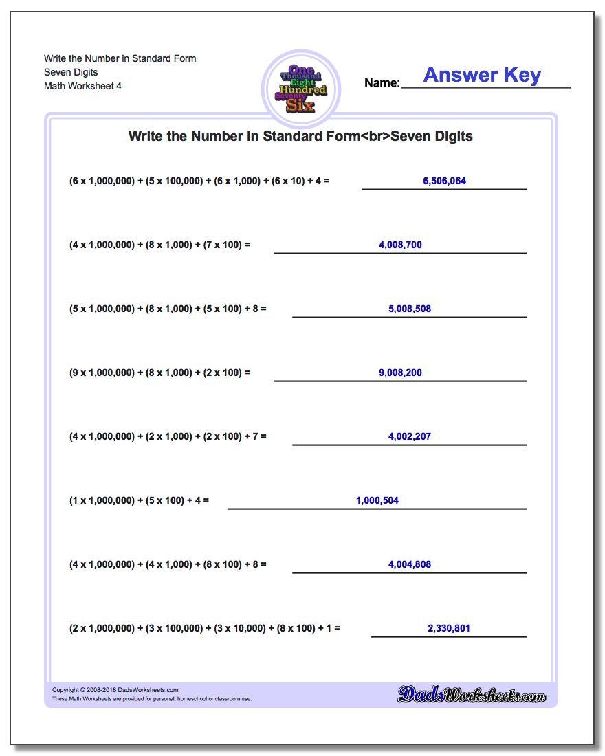 Write the Number in Standard Form Worksheet Seven Digits