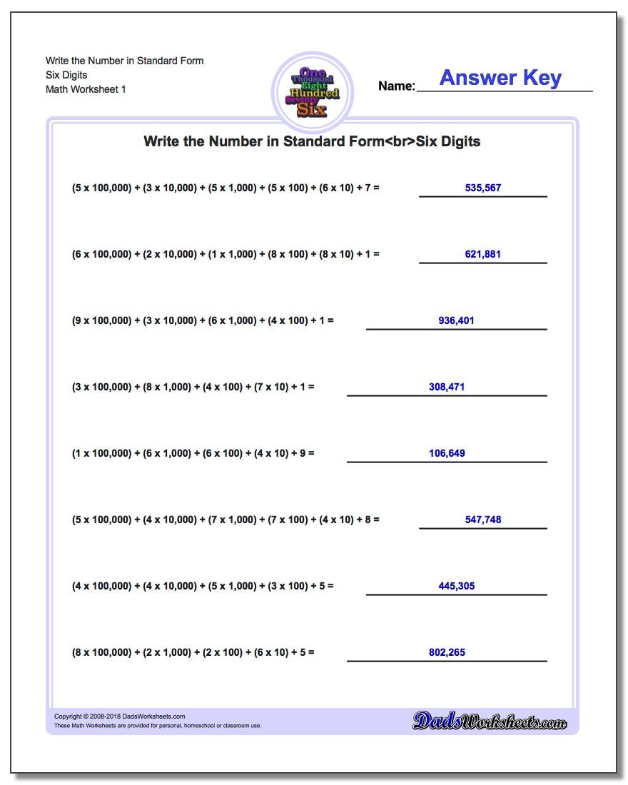 Standard, Expanded and Word Form Worksheet Write the Number in Six Digits
