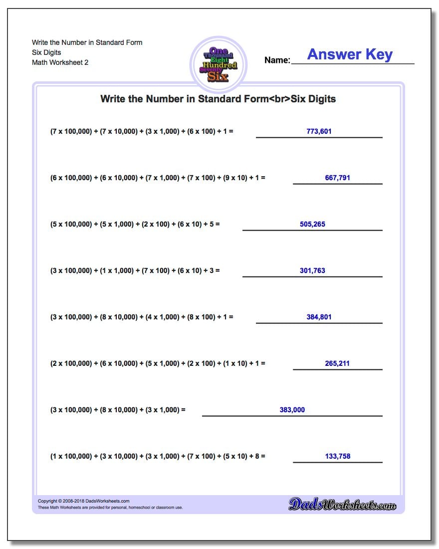Write the Number in Standard Form Worksheet Six Digits www.dadsworksheets.com/worksheets/standard-expanded-and-word-form.html