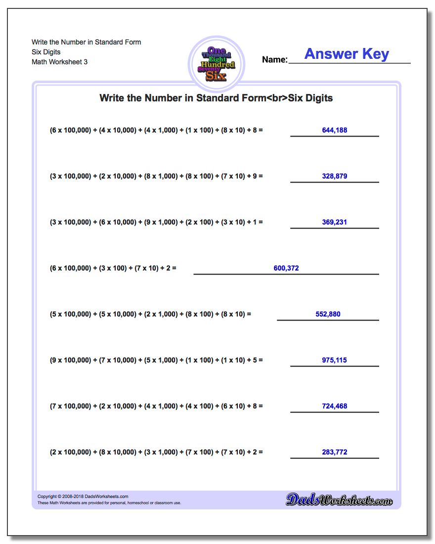 Write the Number in Standard Form Worksheet Six Digits