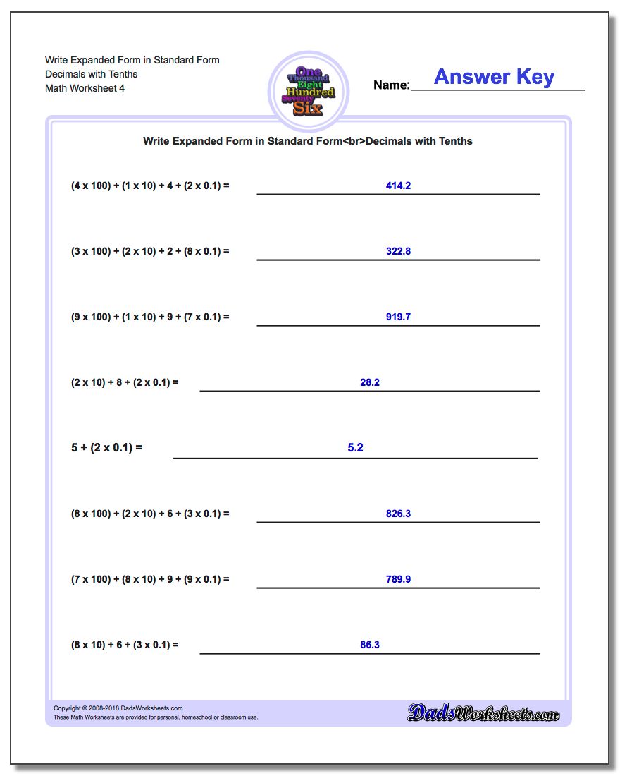 Write Expanded Form Worksheet in Standard Form Decimals with Tenths