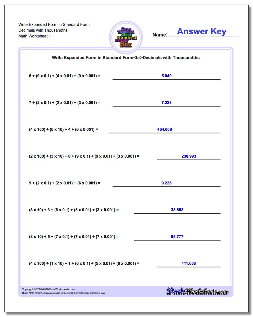 Standard, Expanded and Word Form Worksheet Write in Decimals with Thousandths