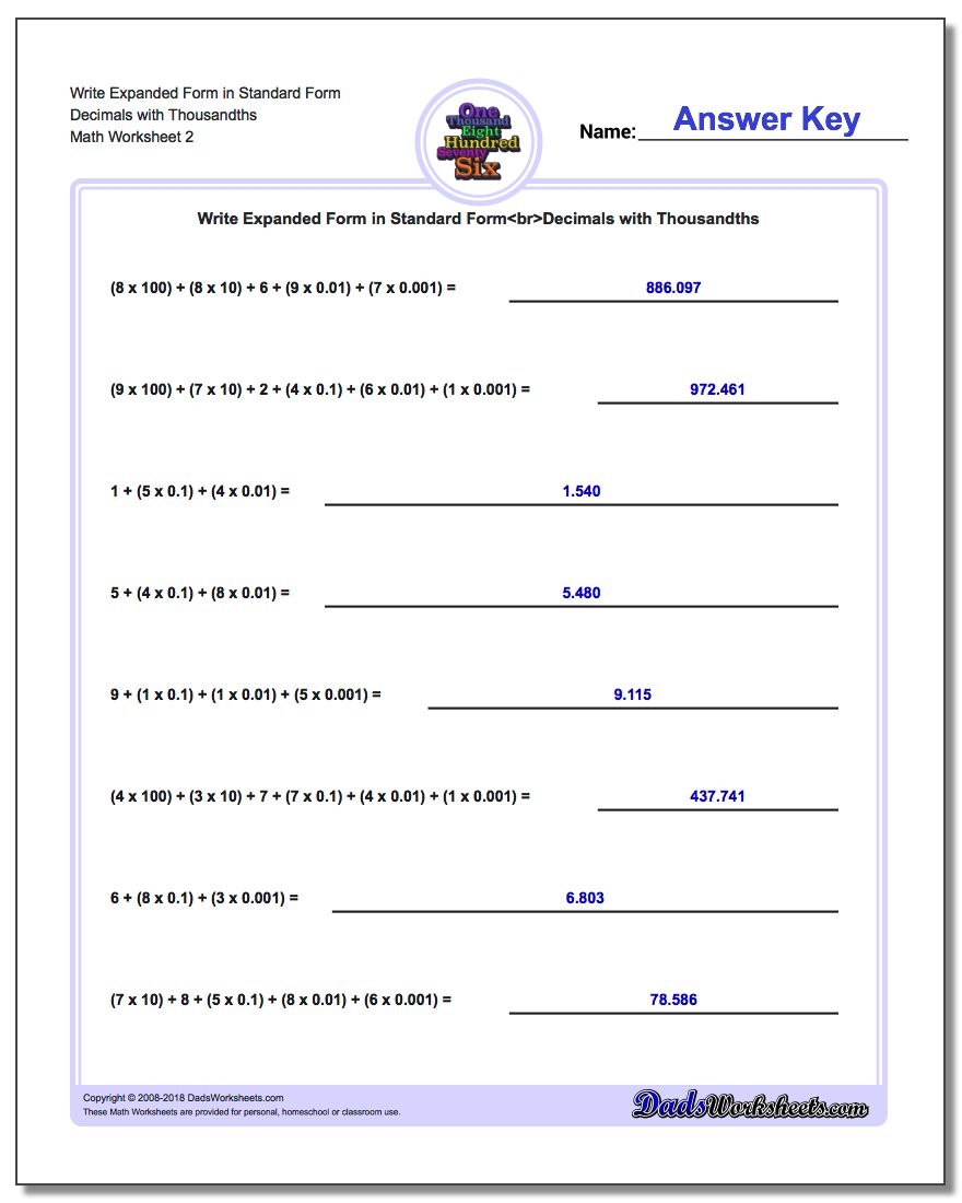 Write Expanded Form Worksheet in Standard Form Decimals with Thousandths www.dadsworksheets.com/worksheets/standard-expanded-and-word-form.html