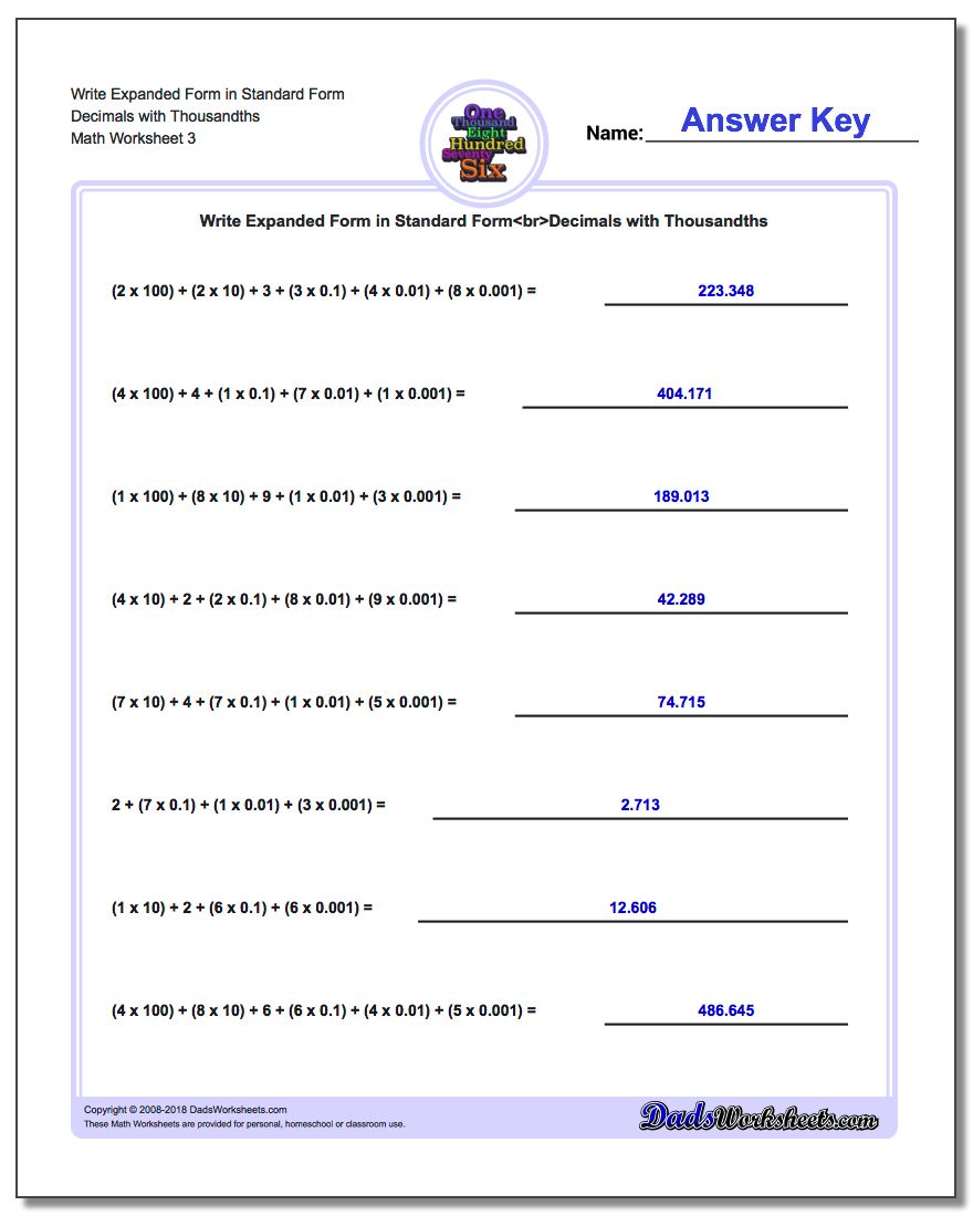 Write Expanded Form Worksheet in Standard Form Decimals with Thousandths