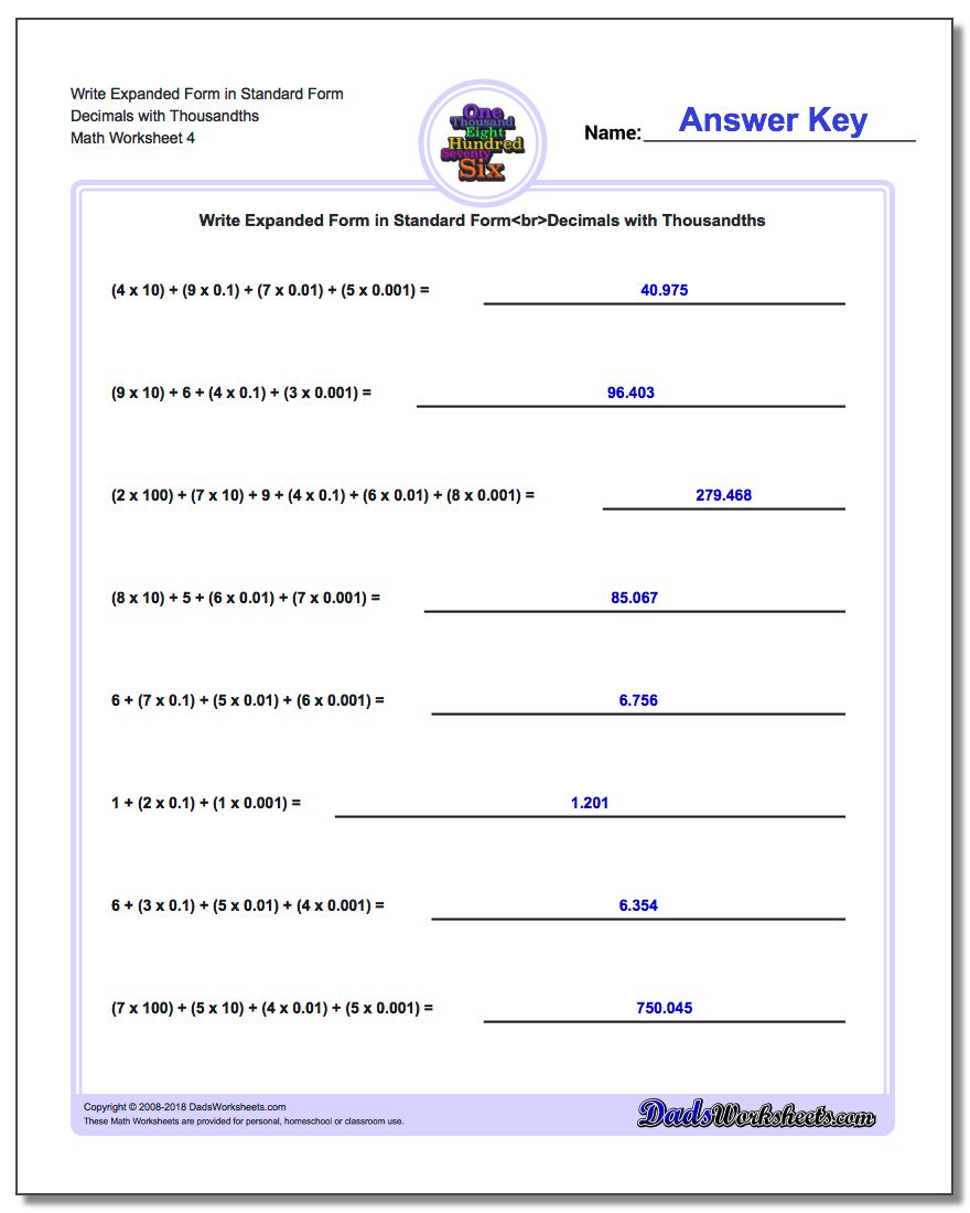 Write Expanded Form Worksheet in Standard Form Decimals with Thousandths