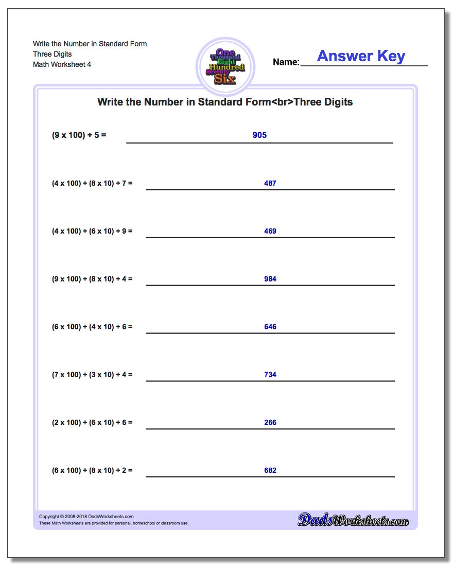 Write the Number in Standard Form Worksheet Three Digits